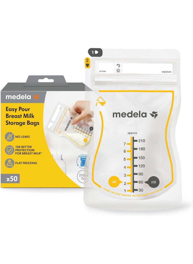 Medela Easy Pour Breastmilk Storage Bags | 50 Count 210ml | Disposable Leakproof Breast Milk Bags with Milk Protection | Recyclable & BPA Free - Image 1